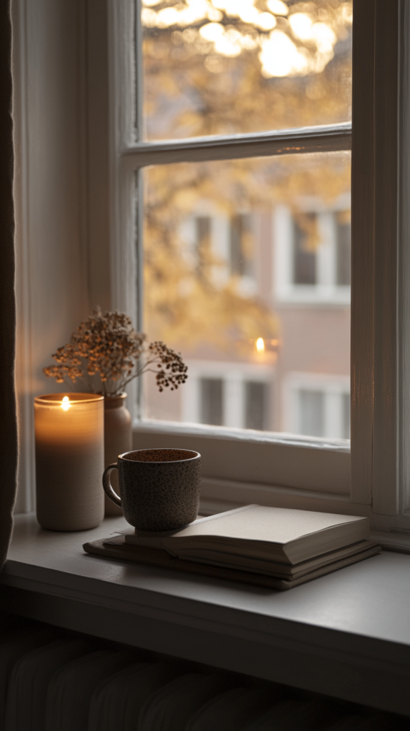 kandinavisches Buch auf Fensterbank, Kerze & Becher daneben, Abendlicht