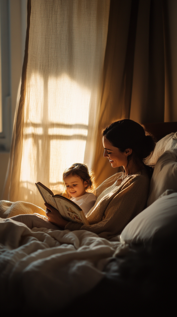 mother holding book while child leans in, smiling, evening mood