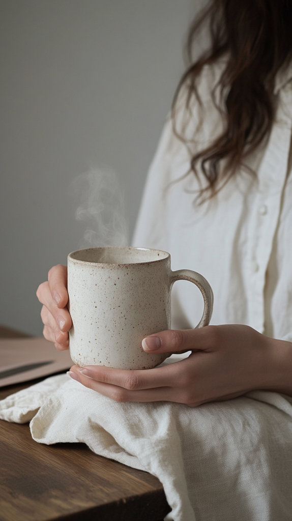 Mutter hält dampfende Tasse in beiden Händen, sanftes Licht, entspannte Atmosphäre