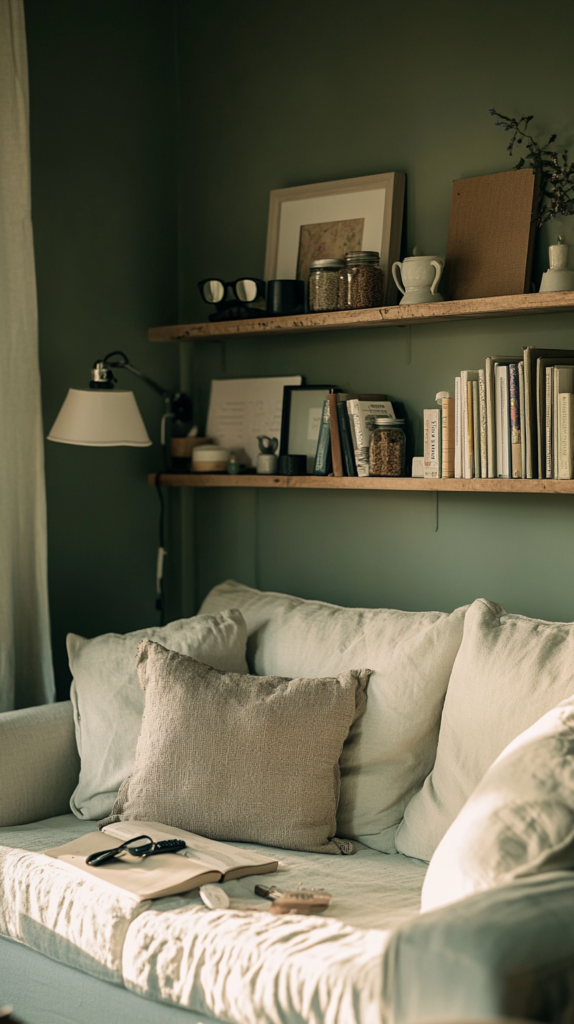 Kleines Wandregal aus IKEA-Gewürzregal mit Fernbedienung und Buch neben Sofa