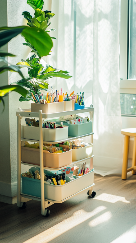 Organisierter Bastelwagen mit beschrifteten Behältern und kreativen Materialien im Kinderbereich