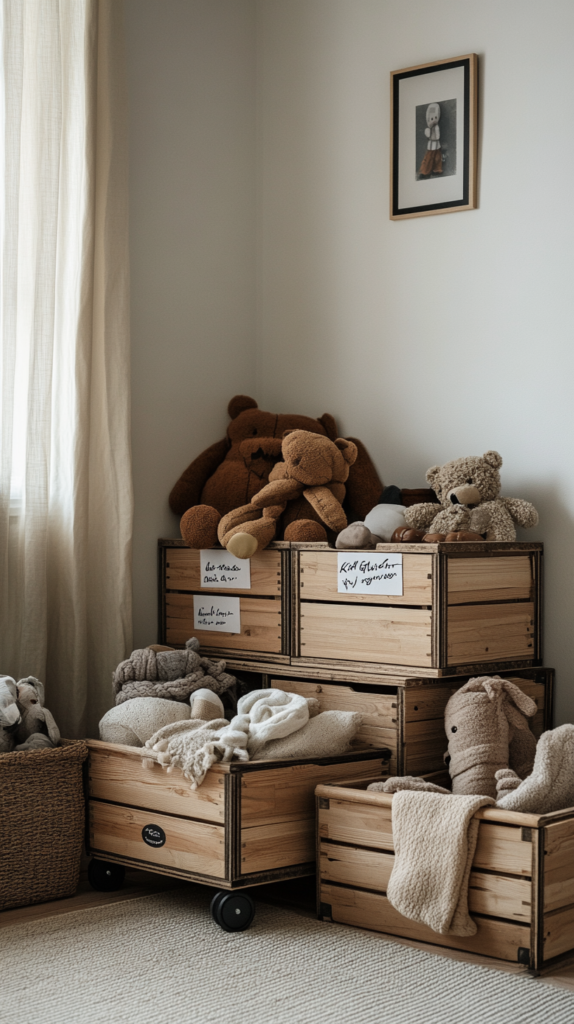 Stapelbare IKEA-Holzkisten als Spielzeug-Organizer im Wohnzimmer mit Etiketten