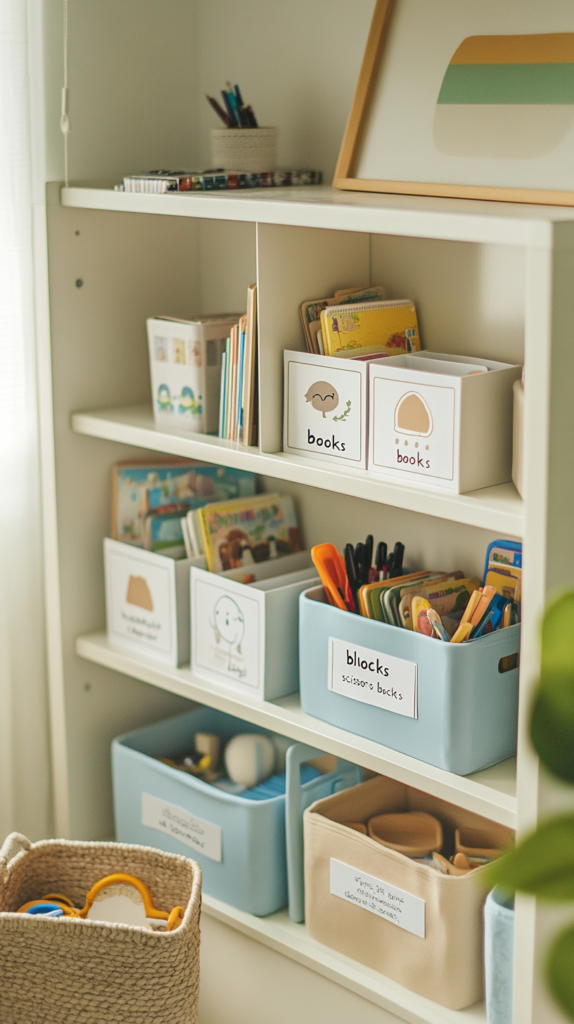 Ordnungssystem für Kinder mit Symbolkarten an Aufbewahrungskisten