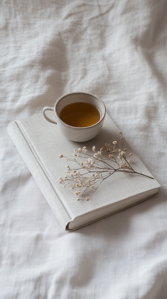Wohnbuch auf Leinentisch, daneben eine Tasse Tee und Trockenblumen