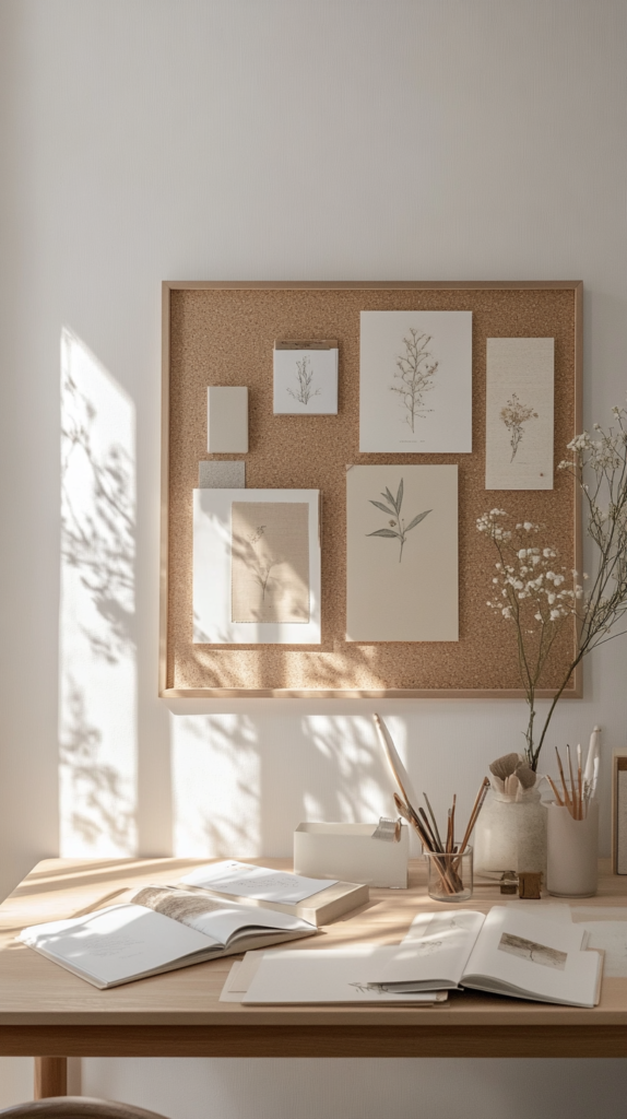 Naturfarbene Kork-Pinwand mit Holzrahmen, bestückt mit Pflanzenfotos und Moodkarten