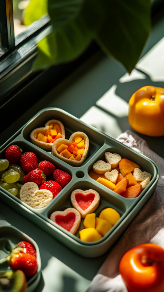 Kinder-Brotdose mit herzförmigen Sandwiches, Gurkenscheiben und Obst
