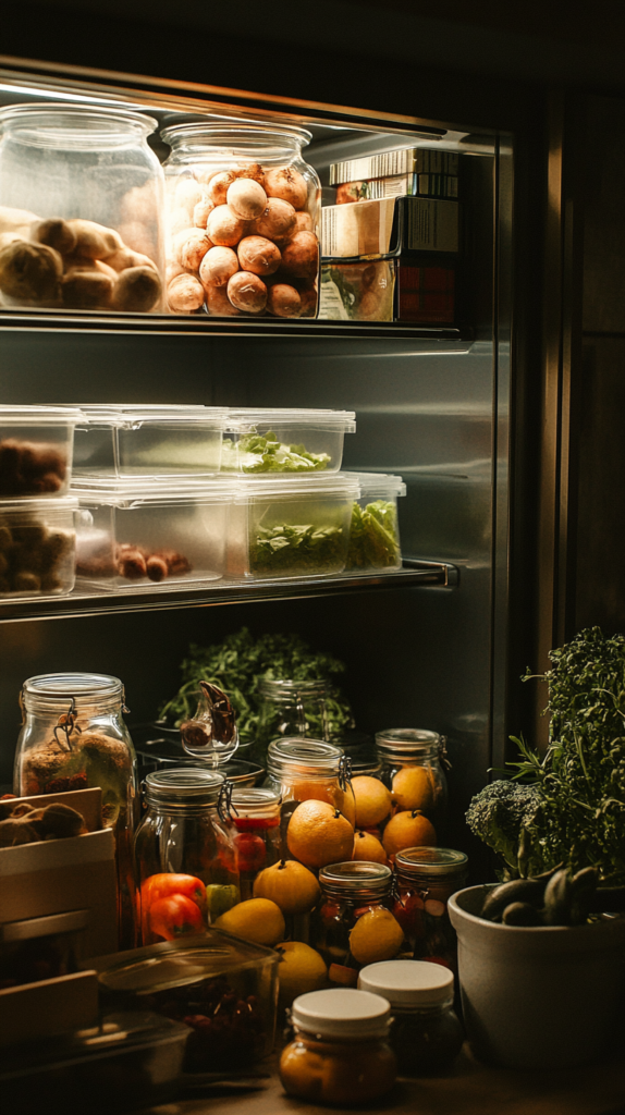 Klare Behälter im Kühlschrank, gefüllt mit geschnittenem Obst, Meal Prep und Soßen in Glasflaschen