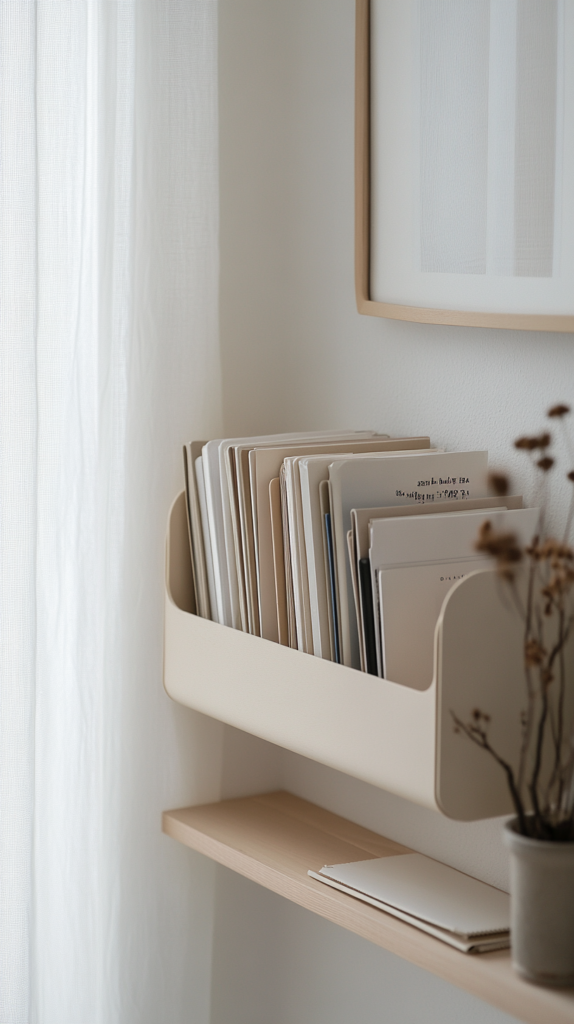 Wohnzimmerregal mit IKEA-Magazinhaltern aus Holz und Etiketten zur Organisation
