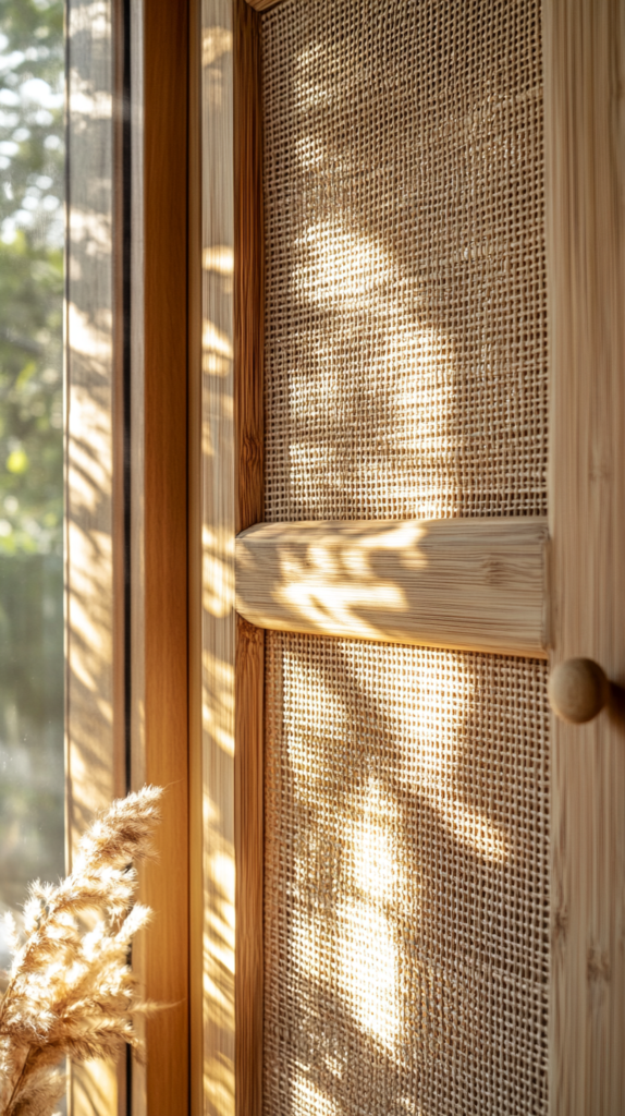 Rattan wird in Schranktür eingelassen, Holzrahmen eingefasst – Boho-Stil entsteht