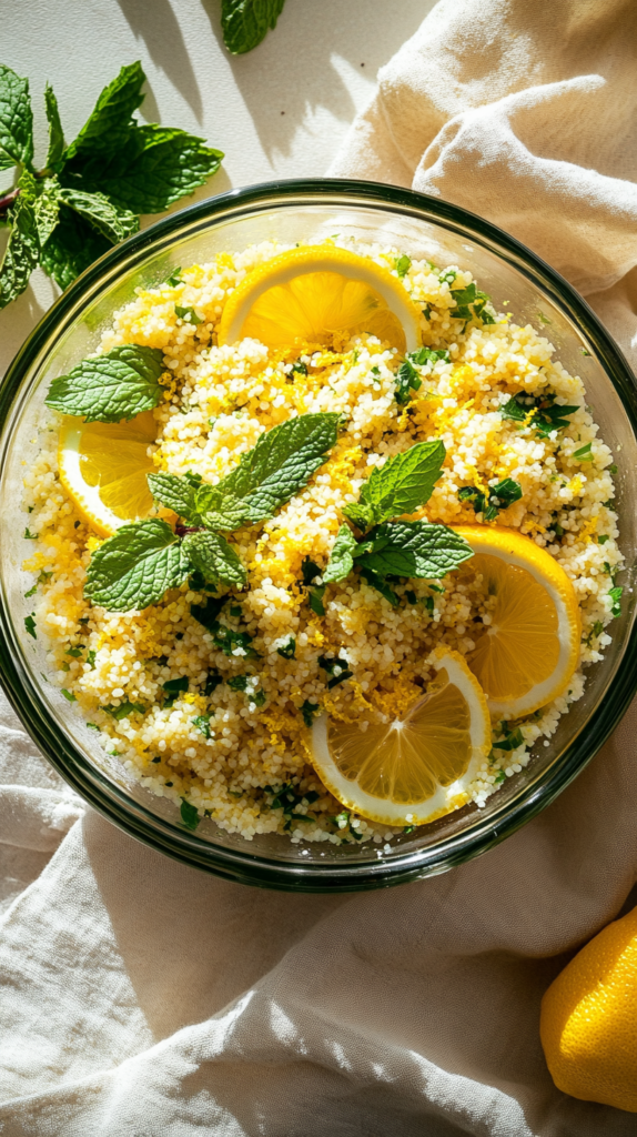 Couscous-Salat mit frischer Minze und Zitronenscheiben dekoriert