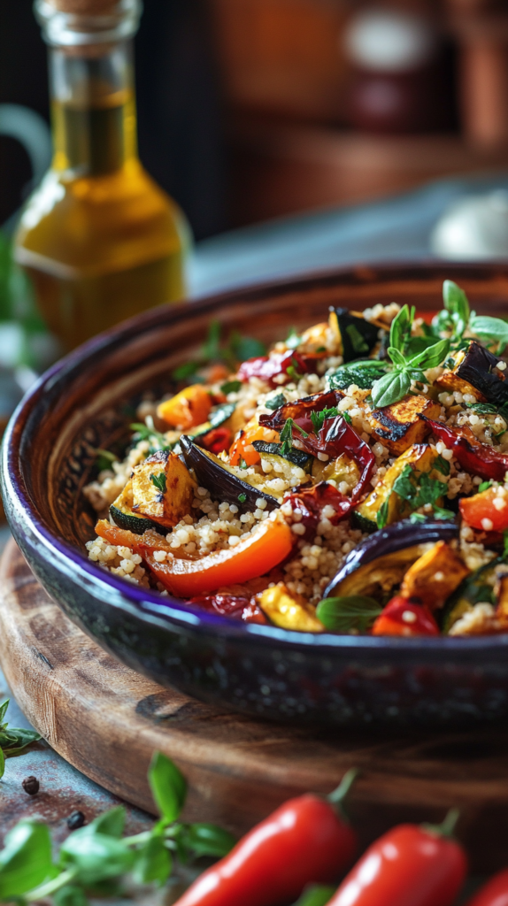 Couscous-Salat mit geröstetem Gemüse auf einem rustikalen Teller