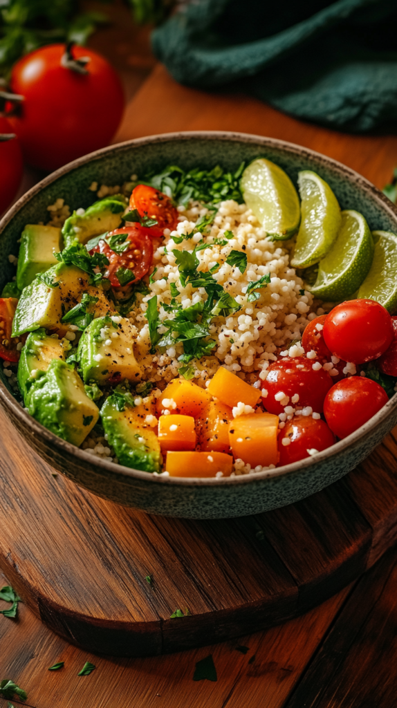 : Frischer Avocado-Couscous-Salat auf hellem Hintergrund