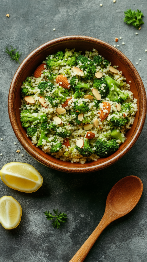 Frischer Couscous-Salat mit Brokkoli und gehobelten Mandeln dekoriert