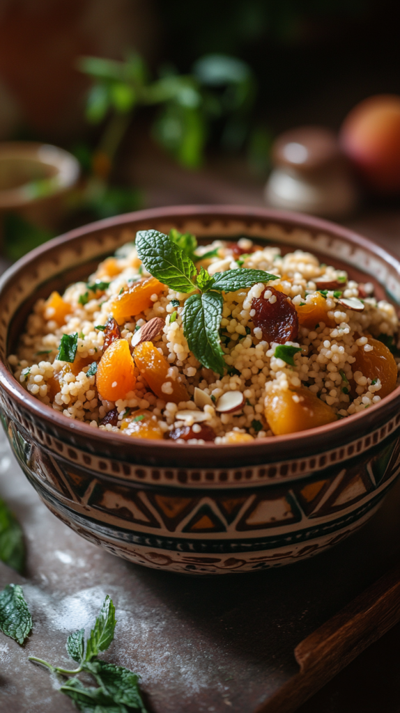 Fruchtiger Couscous-Salat mit Aprikosenstückchen und Minzblättern