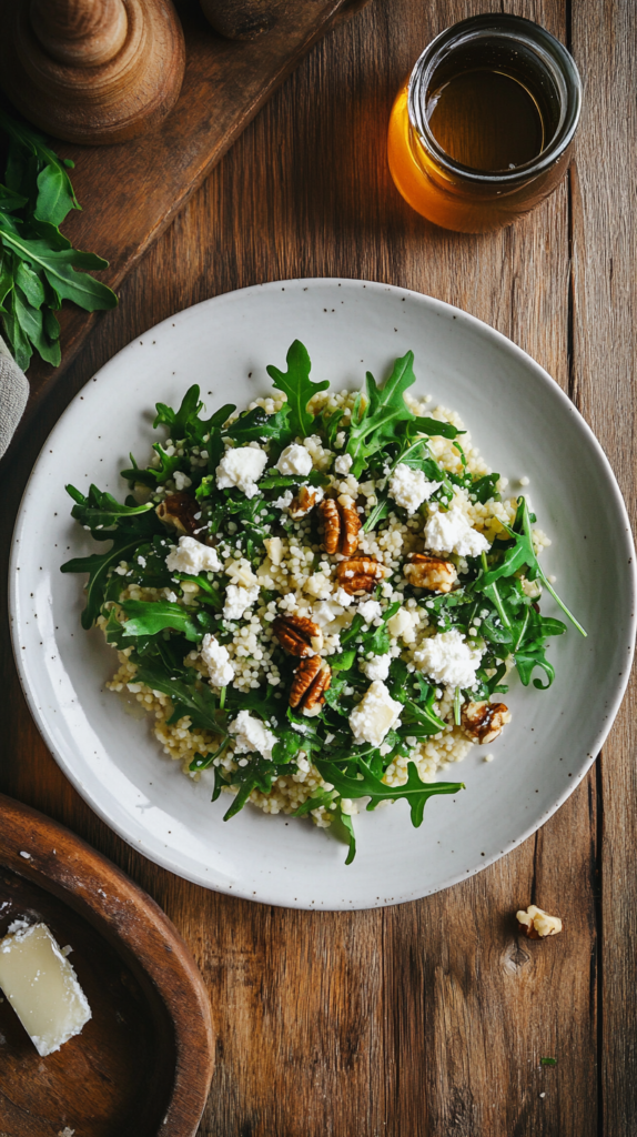 Couscous-Salat mit Ziegenkäse, Rucola und Walnüssen auf Teller