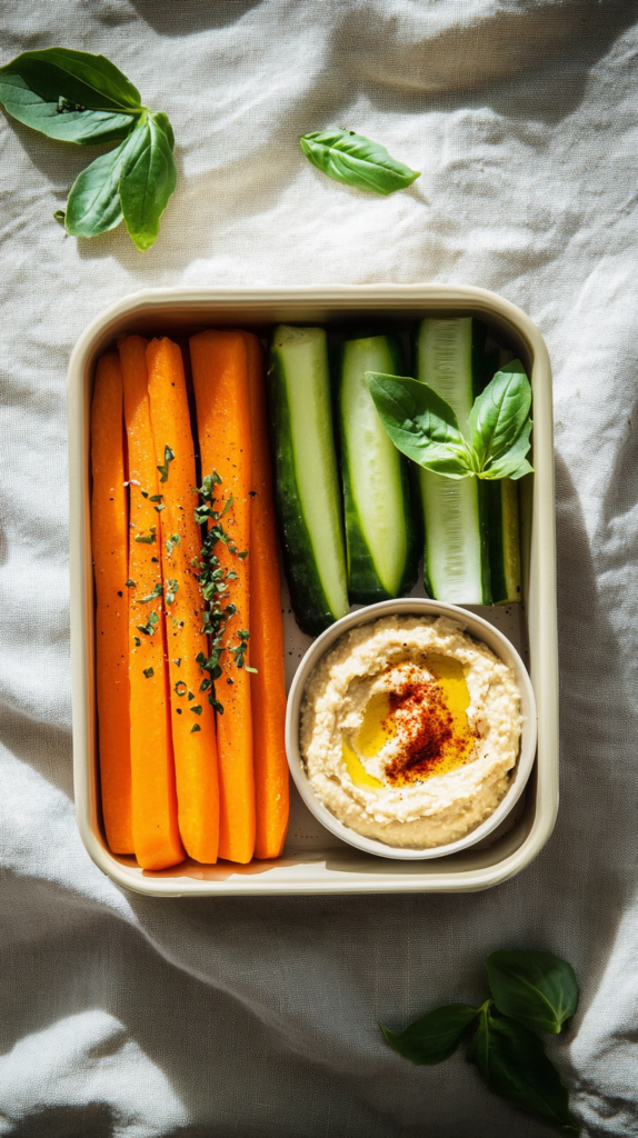 Brotdose mit bunten Gemüsestreifen und Hummus in einem kleinen Dip-Schälchen