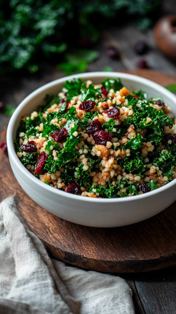 Couscous-Salat mit Grünkohl und roten Cranberries angerichtet