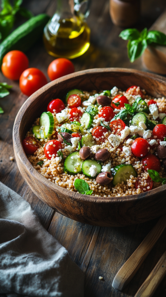 Mediterraner Couscous-Salat mit frischen Zutaten in einer Holzschüssel