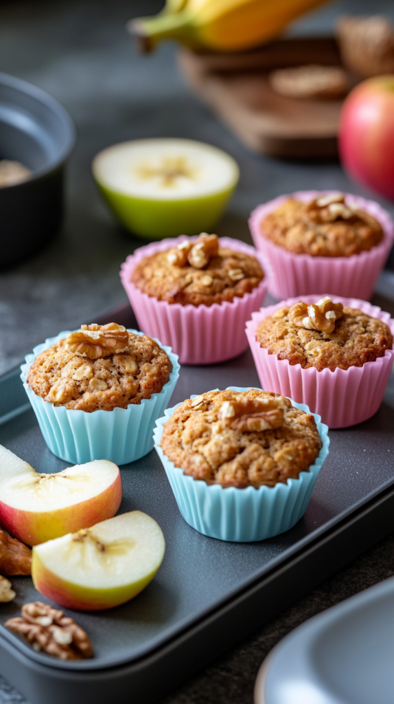Kinder-Brotdose mit zwei kleinen zuckerfreien Hafer-Bananen-Muffins in Silikonförmchen