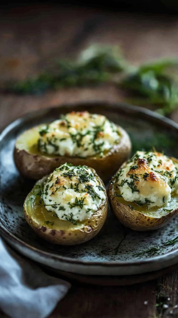 Ofenkartoffeln mit Kräuterquark auf rustikalem Teller