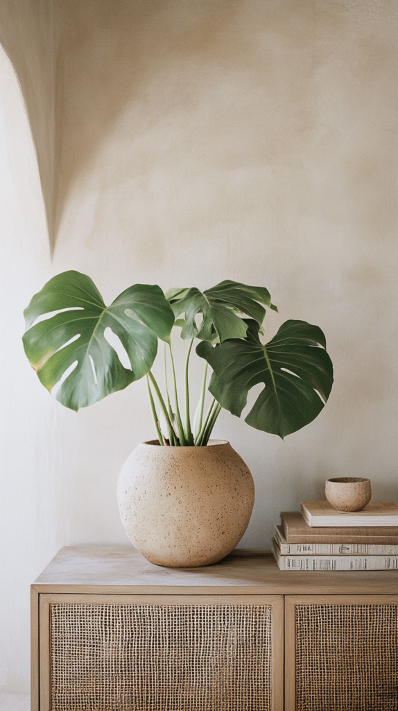 Skandinavisch eingerichtetes Wohnzimmer mit großer Monstera-Pflanze in mattem Tontopf auf Holzfußboden