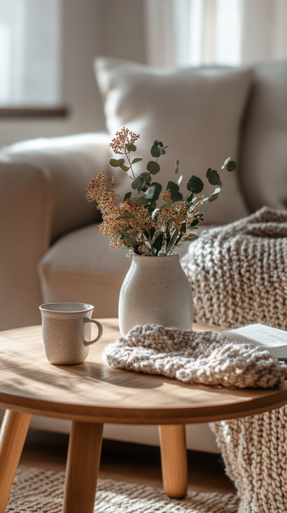 Couchtisch aus hellem Holz auf Teppich mit Strickdecke und Vase, skandinavischer Wohnstil