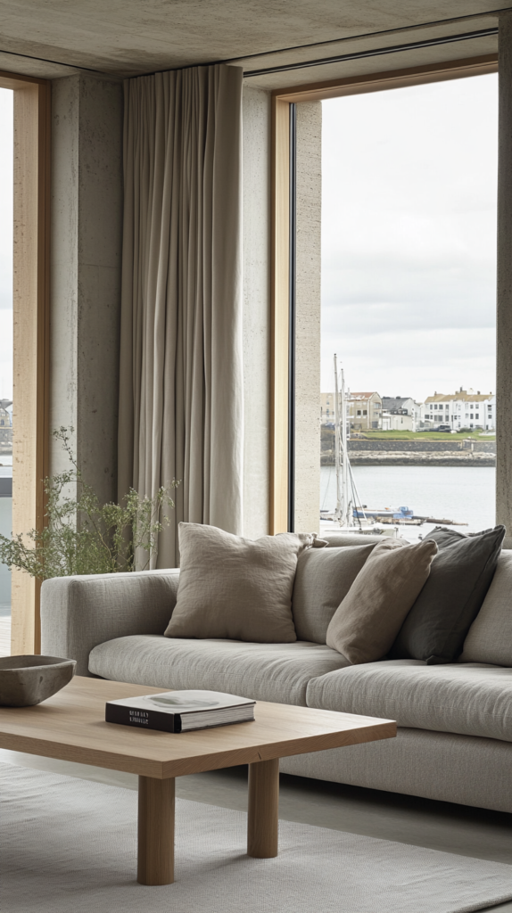 Hellgraues Sofa mit Kissen in Beige und Olivgrün vor heller Wand im skandinavischen Stil