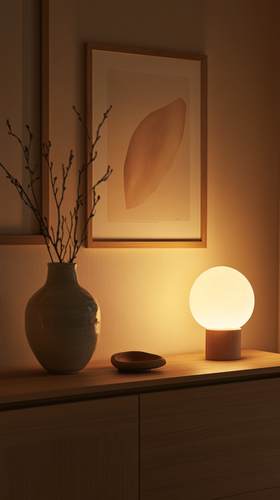 : Bilderleiste mit dezentem Poster, großer Keramikvase und minimalistischer Tischlampe im skandinavischen Stil