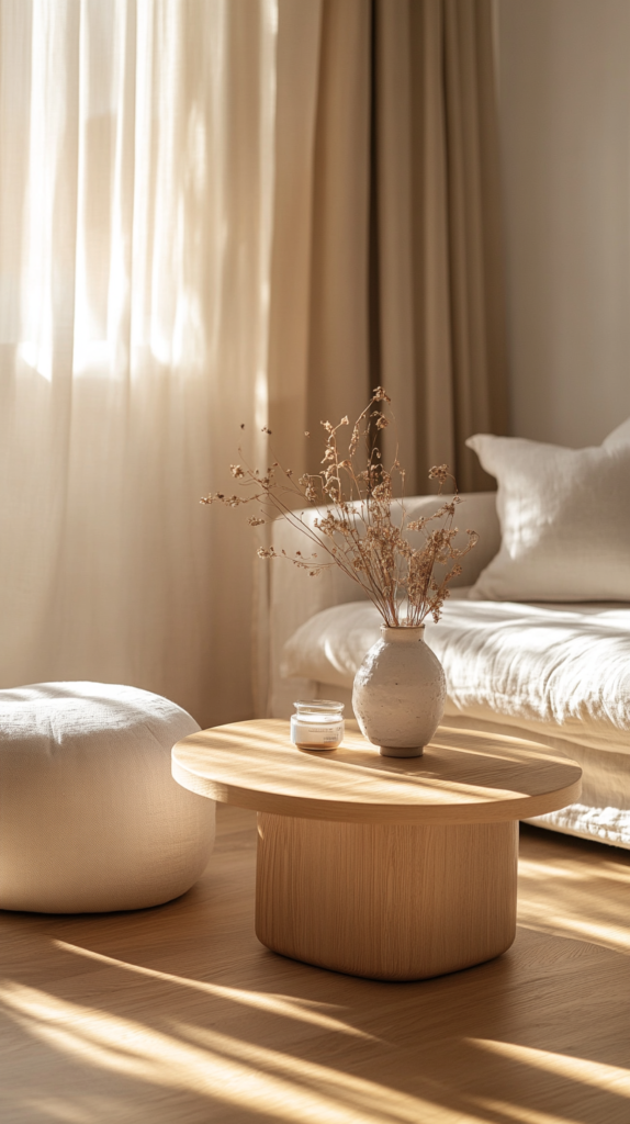 Helles minimalistisches Wohnzimmer mit multifunktionalem Schlafsofa, Stauraum-Couchtisch und Pouf mit Deckel – perfekt für kleine Wohnungen.