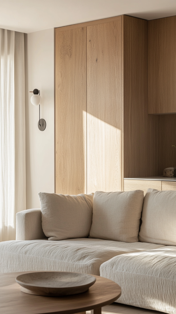 Kleine Wohnung mit großen, raumhohen Möbeln – klare Linien und Ruhe im Raum.