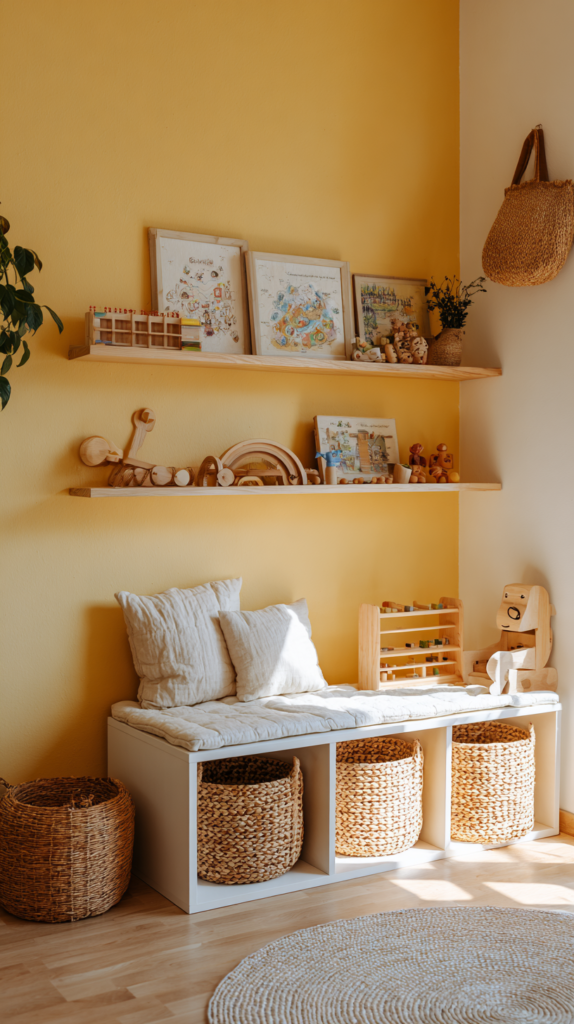 Kinderzimmer mit sonnengelber Wandfarbe und Naturtextilien