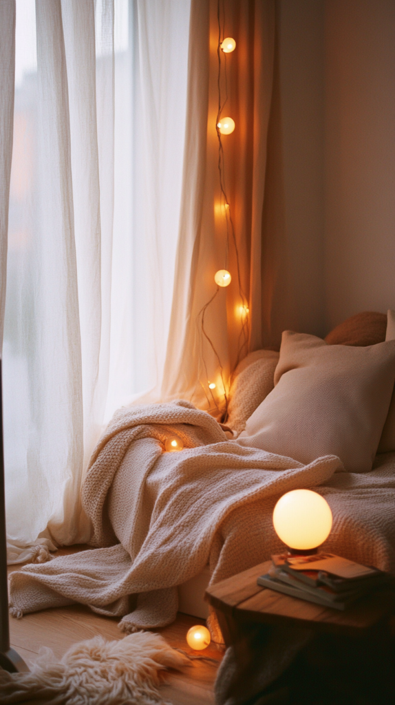 Wohnzimmer mit mehreren Lichtquellen wie Tischlampe, Stehleuchte und Fensterlicht im warmen Skandi-Look
