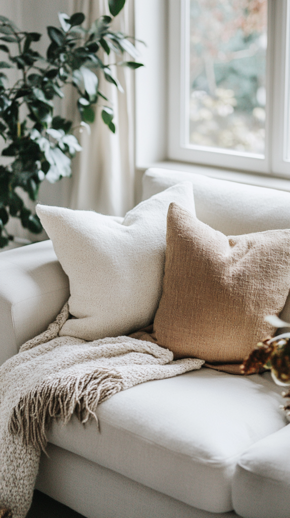 Skandinavisches Sofa mit strukturierter Decke und verschiedenen Kissen aus Naturmaterialien