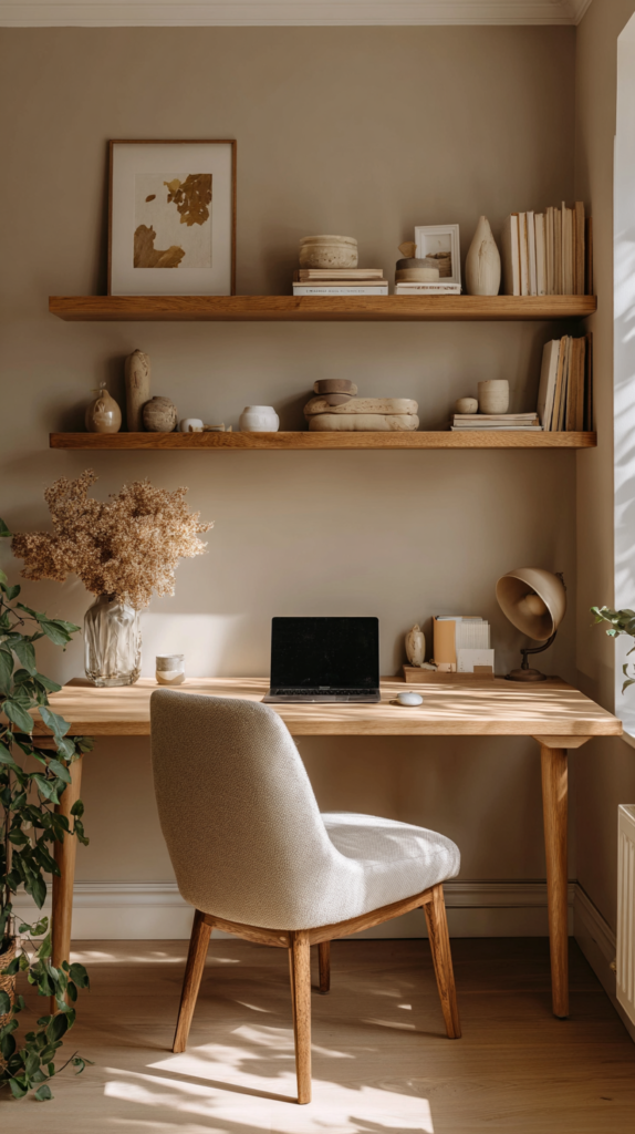  Homeoffice mit Taupe-Wandfarbe und Holzregal