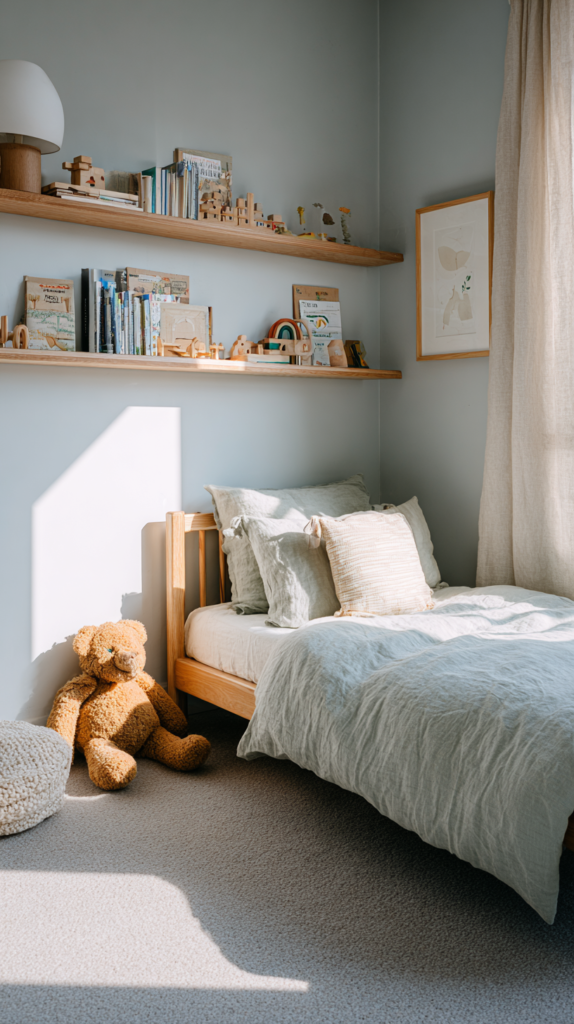 Kinderzimmer mit Blaugrau-Wandfarbe und Holzspielzeug
