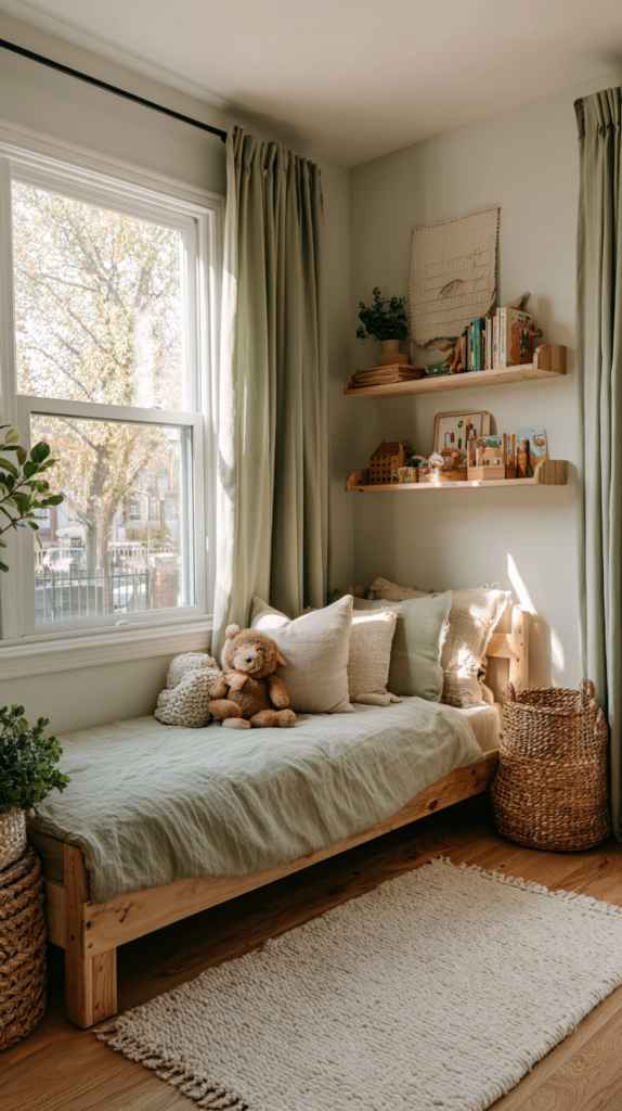  Kinderzimmer mit Wand in Salbeigrün, Holz- und Leinenelemente