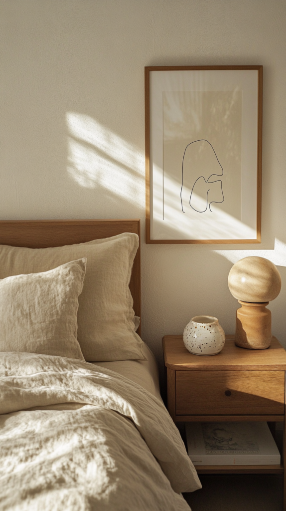 Kleines Schlafzimmer mit Leinenbettwäsche und natürlichem Holz – minimalistisches Bett als Rückzugsort.