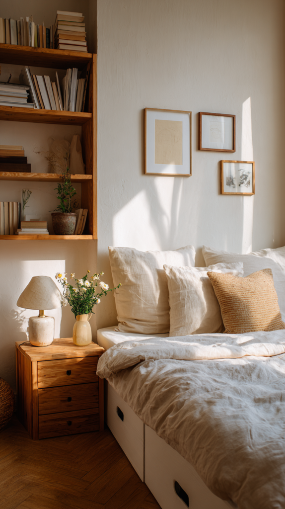 Kleines Schlafzimmer mit Bettkasten und multifunktionalen Möbeln