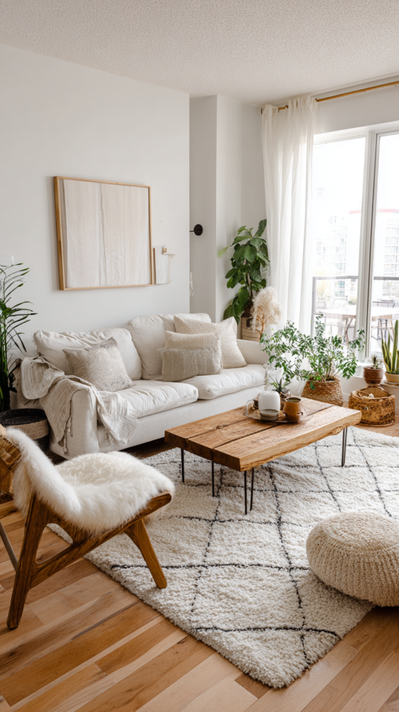 Aufgeräumtes kleines Wohnzimmer im minimalistischen Stil