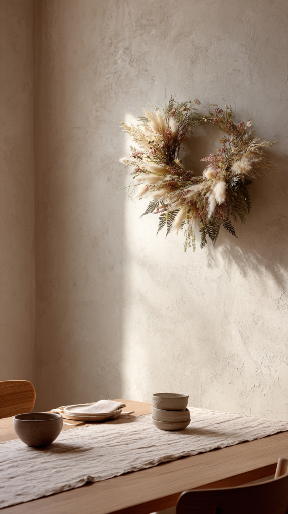 Handgefertigter Wandkranz aus Trockenblumen mit Lagurus, Phalaris und Eukalyptus über einem Esstisch – Japandi-inspirierte Dekoidee