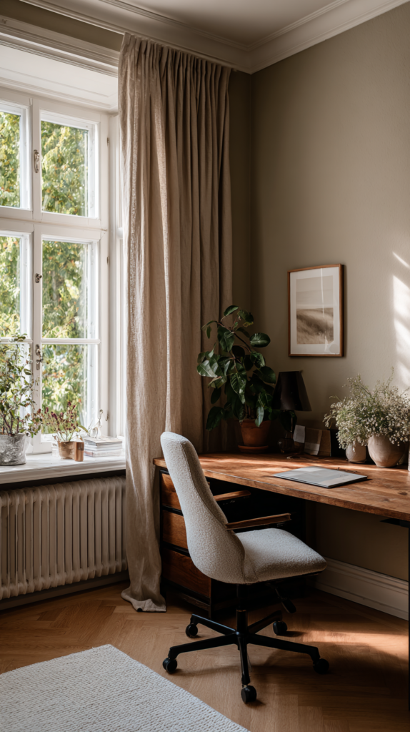 Homeoffice-Ecke mit Greige-Wandfarbe und Eichenschreibtisch