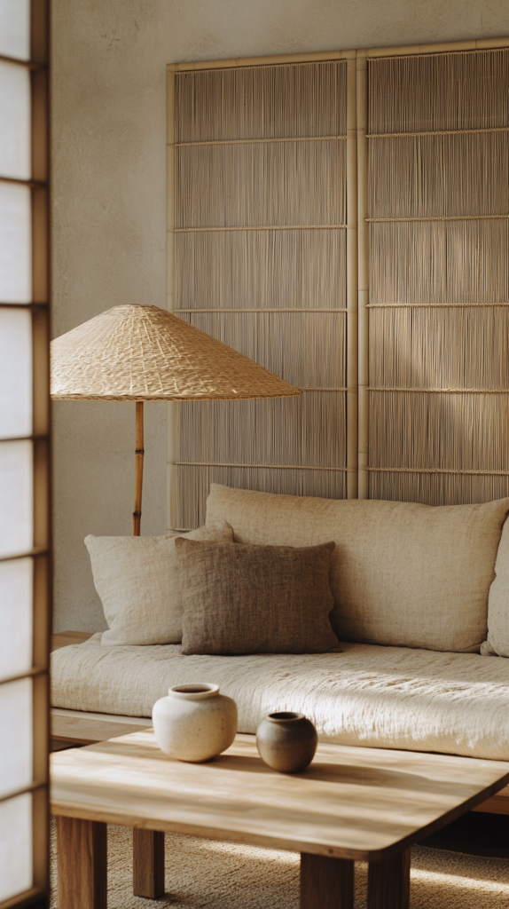 Japandi-Wohnzimmer mit Shoji Screen, Holzsofa, Leinentextilien und Bambuslampe – ruhiger und naturnaher Wohnstil.