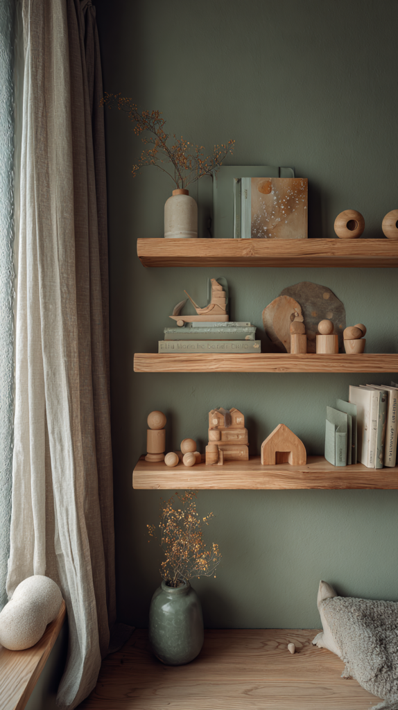 Kinderzimmer mit moosgrüner Wandfarbe und Holzspielzeug