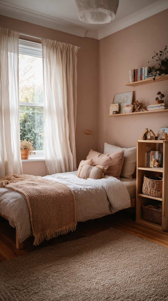 Kinderzimmer mit Altrosa-Wandfarbe und Leinenvorhängen