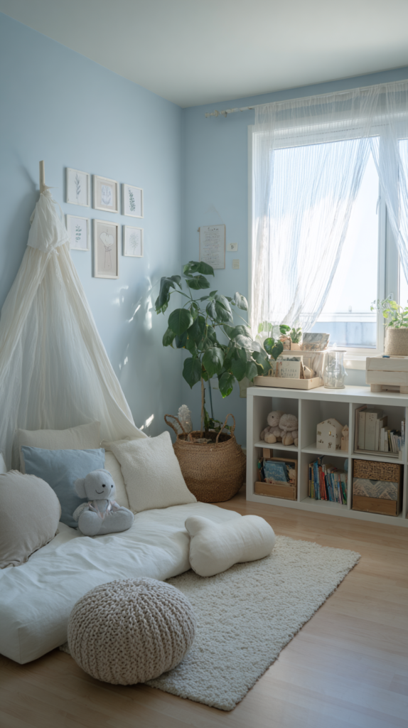 Kinderzimmer in Himmelblau mit weißen Möbeln