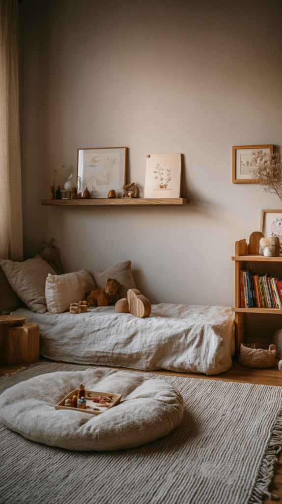  Kinderzimmer in warmem Greige mit Leinenbettwäsche und Holzdetails