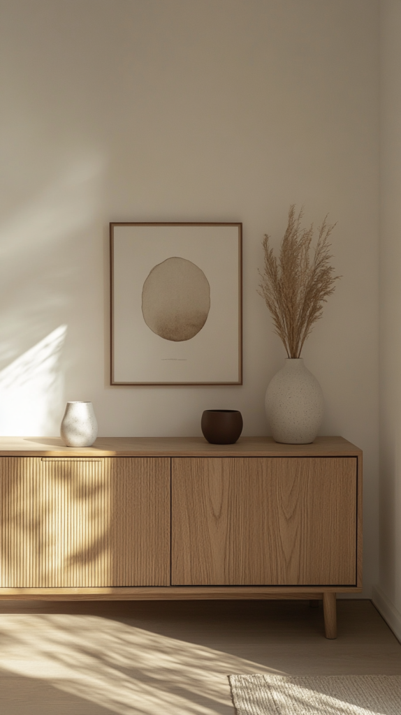 Alt-Text: Minimalistischer Wohnbereich mit Sideboard und wenigen bewusst platzierten Objekten – mehr Ruhe durch weniger Sichtbares.
