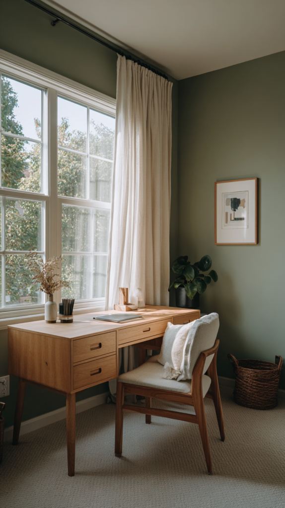 Homeoffice mit Salbeigrün-Wänden und Leinenvorhängen