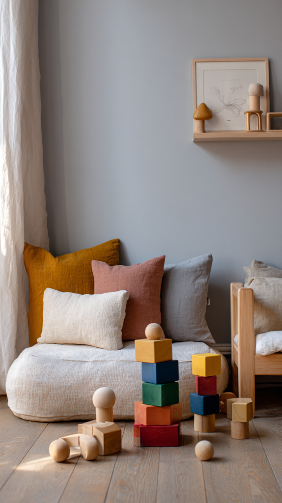 Kinderzimmer mit hellgrauer Wandfarbe und buntem Spielzeug