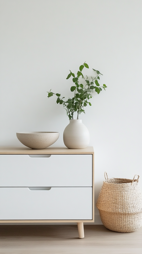 Skandi-Sideboard in Mattweiß mit verstecktem Stauraum, dekoriert mit Pflanzen und Schale